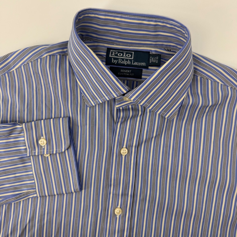 Polo Ralph Lauren Dress Shirt Mens 15.5 32/33 Blue Striped Regent Custom Fit NEW